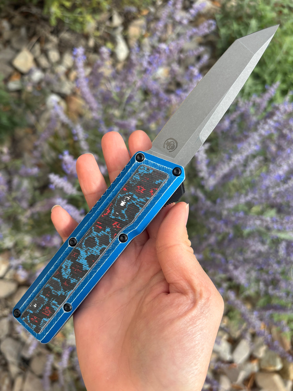 Chaves Knives Dissident Blue Anodized Handle "Nebula"Carbon Fiber Inlay DA OTF 1 Blade Show West 2026 Exclusive (3.7" Stonewash Tanto)