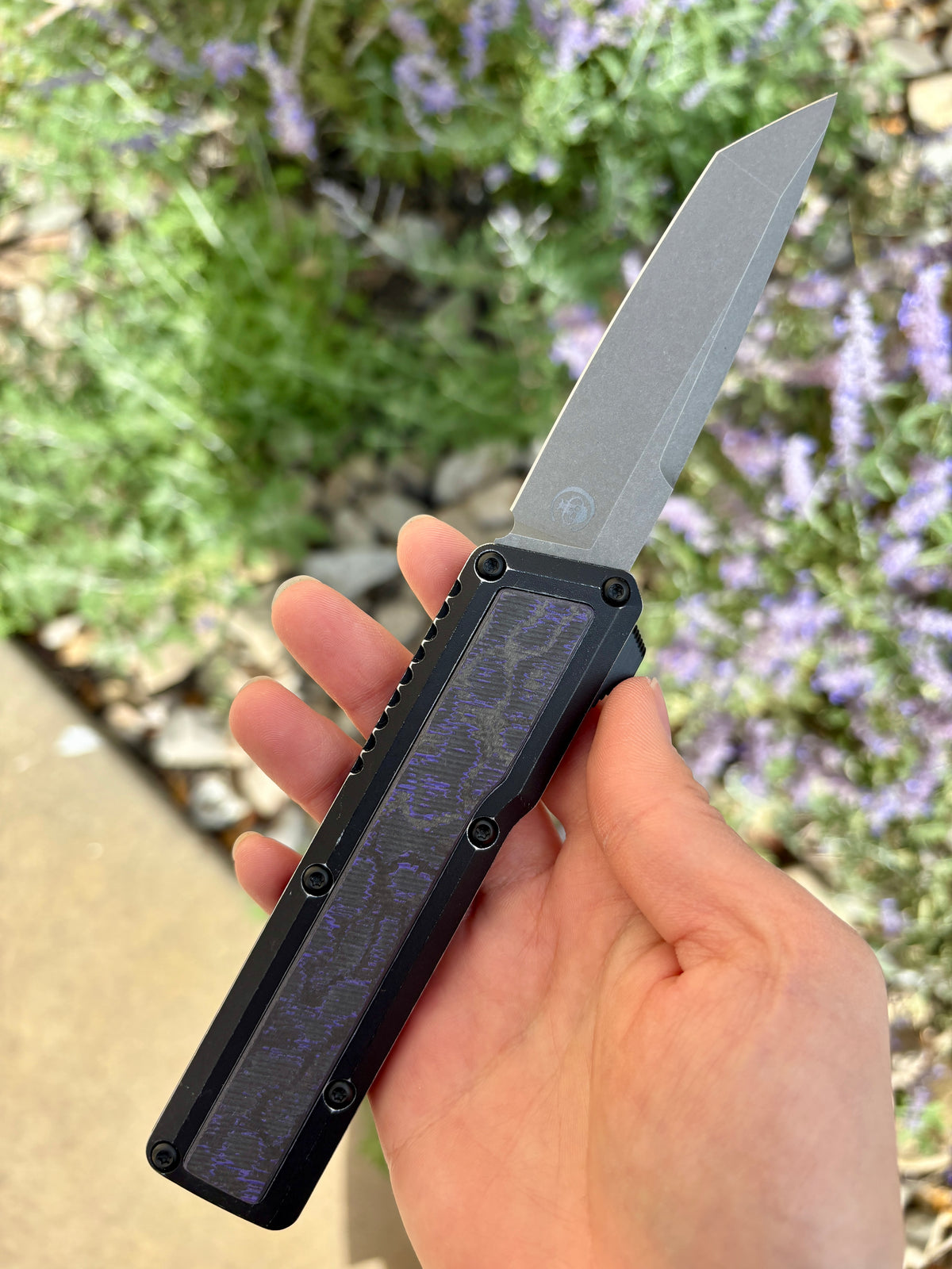 Chaves Knives Dissident Black Anodized Handle "Purple Haze" Carbon Fiber Inlay DA OTF Blade Show West 2026 Exclusive (3.7" Stonewash Tanto)