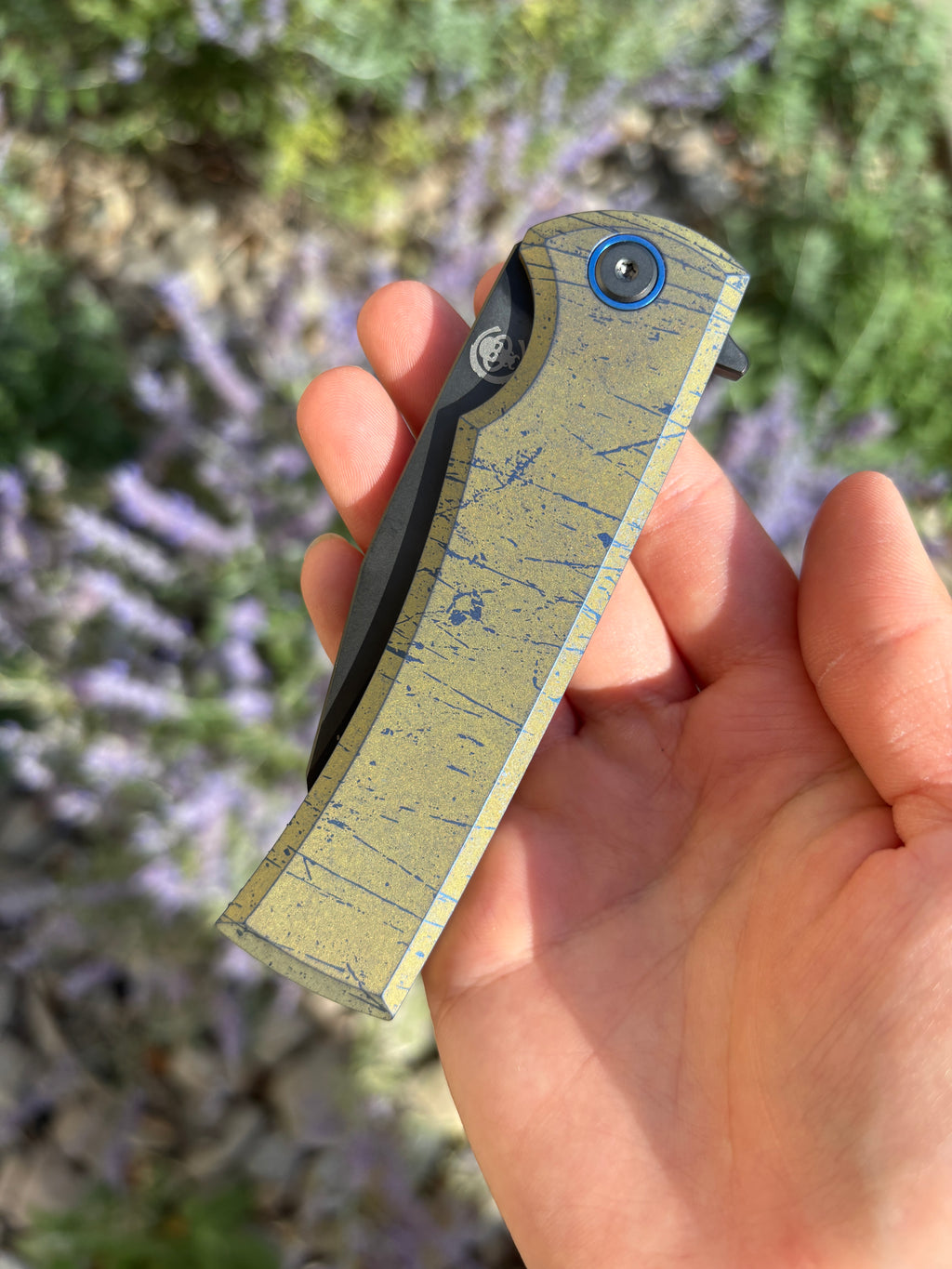 Chaves Knives Sangre Street Integral "Wartorn" Anodized Ti Handle Manual Flipper Blade Show West 2026 Show Exclusive (3.5" Wharncliffe)