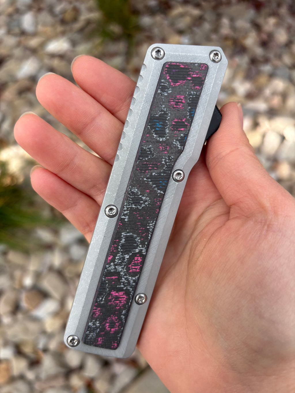 Chaves Knives Dissident Clear Coat Anodized Handle "GTA" Carbon Fiber Inlay DA OTF Blade Show West 2026 Exclusive (3.7" Stonewash Tanto)