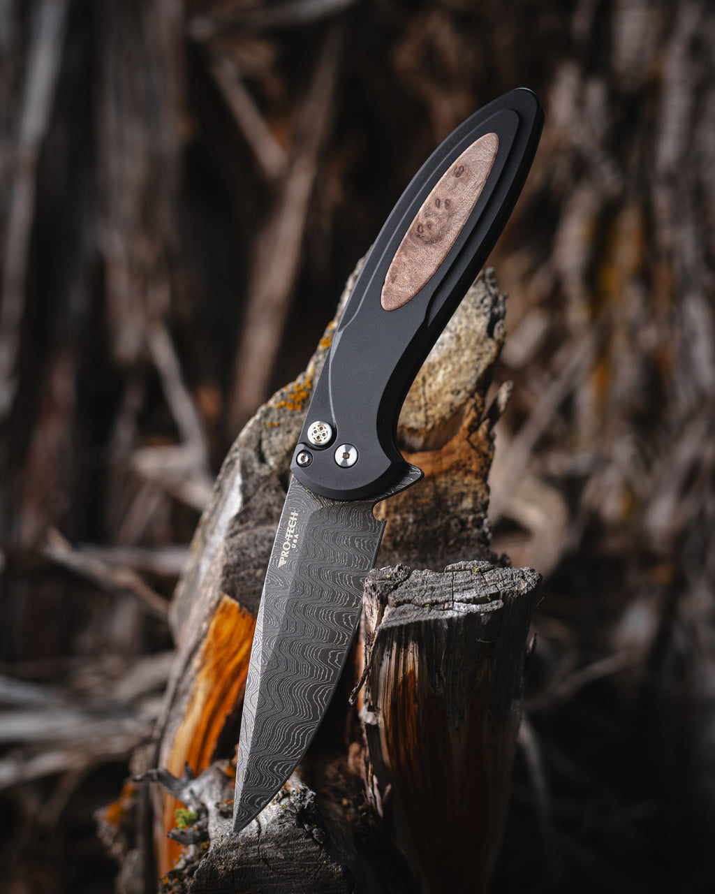 Pro-Tech Cambria 2 Flipper Custom 005 Al Maple Burl Blade Show Atlanta 2025 (3.5" Damascus)