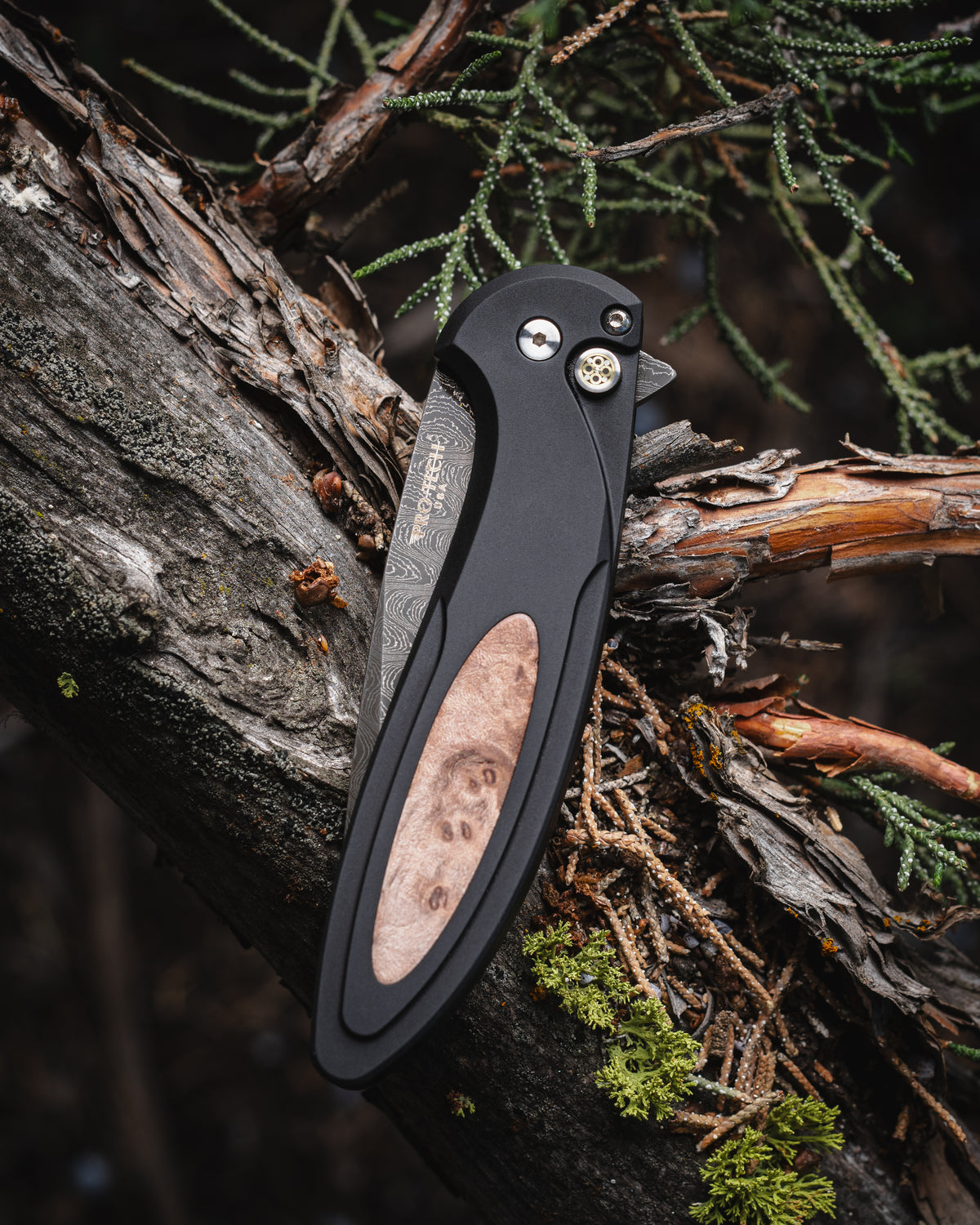 Pro-Tech Cambria 2 Flipper Custom 005 Al Maple Burl Blade Show Atlanta 2025 (3.5" Damascus)