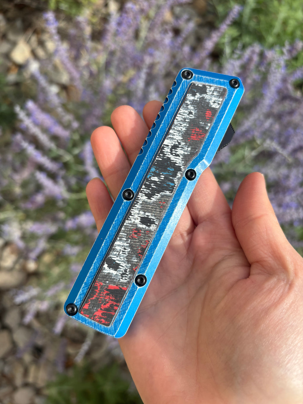 Chaves Knives Dissident Blue Anodized Handle "Nebula"Carbon Fiber Inlay DA OTF Blade Show West 2026 Exclusive (3.7" Stonewash Drop Point)