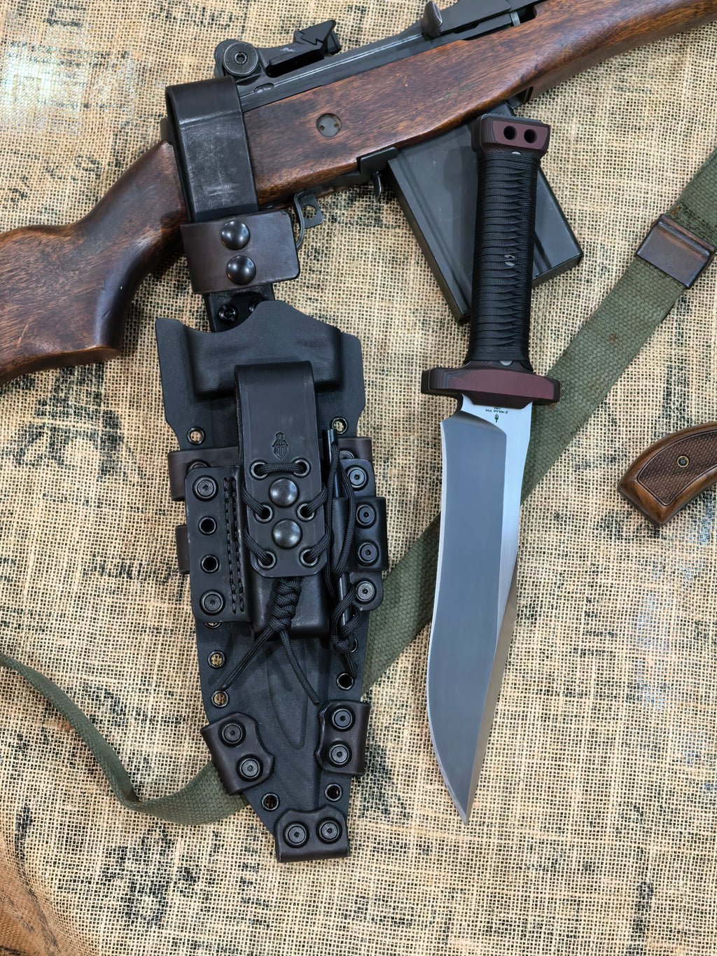 Miller Bros Blades M-22 Bowie Custom Recurve Large Fixed Blade Knife Red G10 Cord Wrapped (8.75" Z-Wear PM Blade Black/Satin)