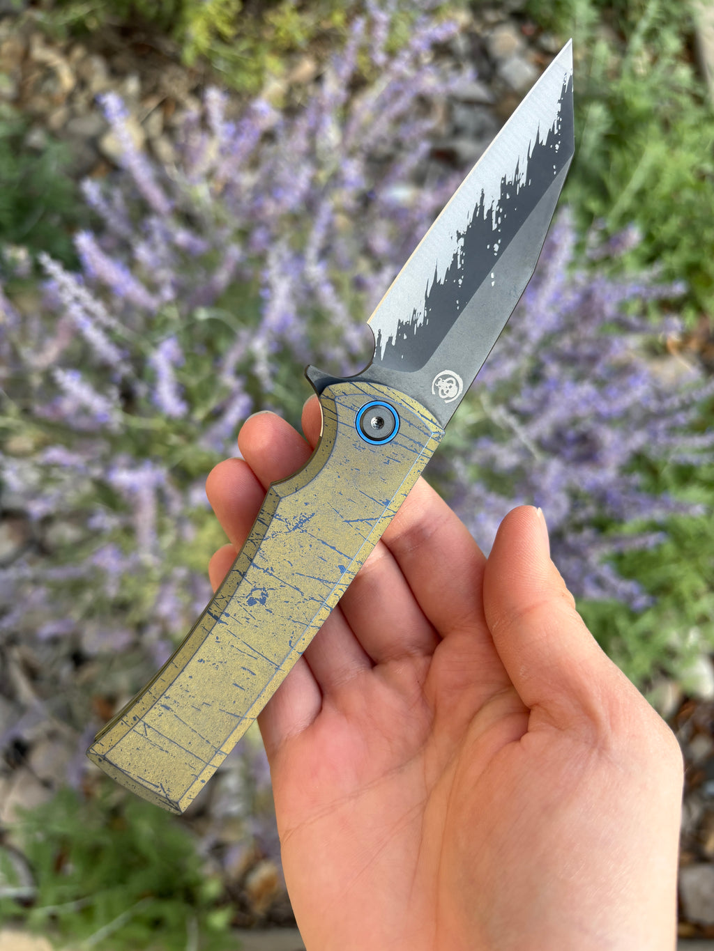Chaves Knives Sangre Street Integral "Wartorn" Anodized Ti Handle Manual Flipper Blade Show West 2026 Show Exclusive (3.5" Wharncliffe)