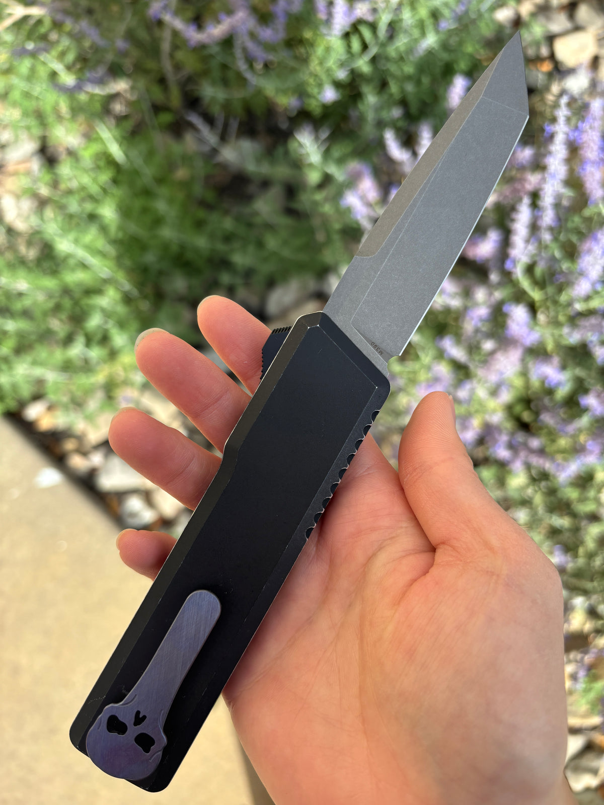 Chaves Knives Dissident Black Anodized Handle "Purple Haze" Carbon Fiber Inlay DA OTF Blade Show West 2026 Exclusive (3.7" Stonewash Tanto)