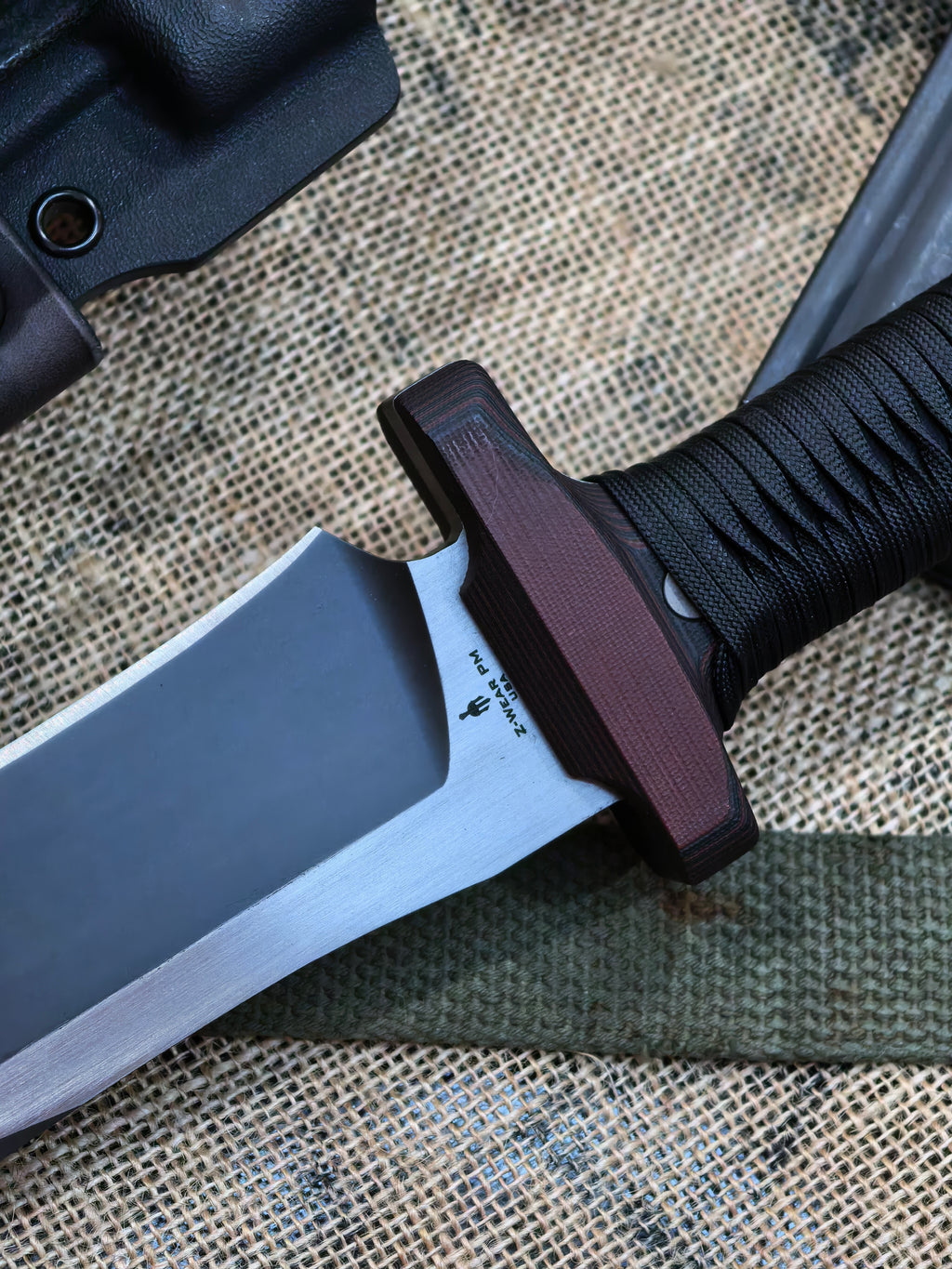Miller Bros Blades M-22 Bowie Custom Recurve Large Fixed Blade Knife Red G10 Cord Wrapped (8.75" Z-Wear PM Blade Black/Satin)