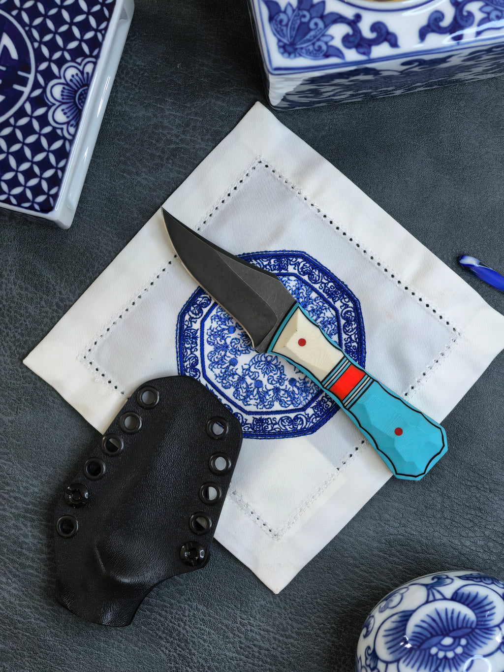 Auxiliary Manufacturing Sharky Collab Pocket Bowie Fixed Blade Knife Blade Show West 2026 (2.75" Black Stonewash)