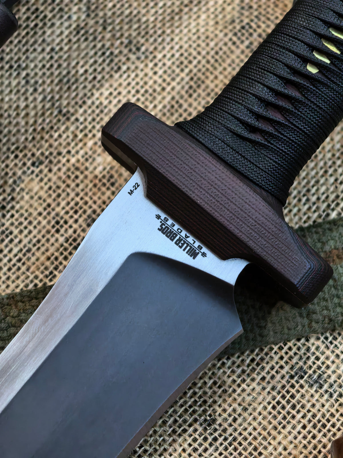 Miller Bros Blades M-22 Bowie Custom Recurve Large Fixed Blade Knife Red G10 Cord Wrapped (8.75" Z-Wear PM Blade Black/Satin)