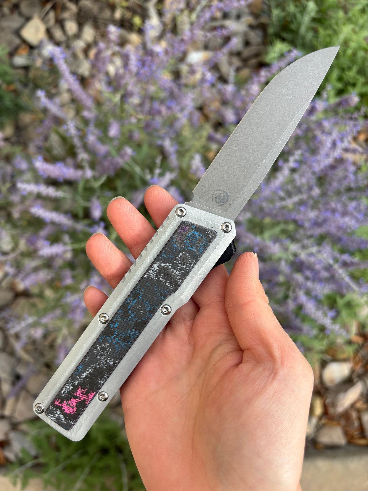 Chaves Knives Dissident Clear Coat Anodized Handle "GTA" Carbon Fiber Inlay DA OTF Blade Show West 2026 Exclusive (3.7" Stonewash Drop Point)