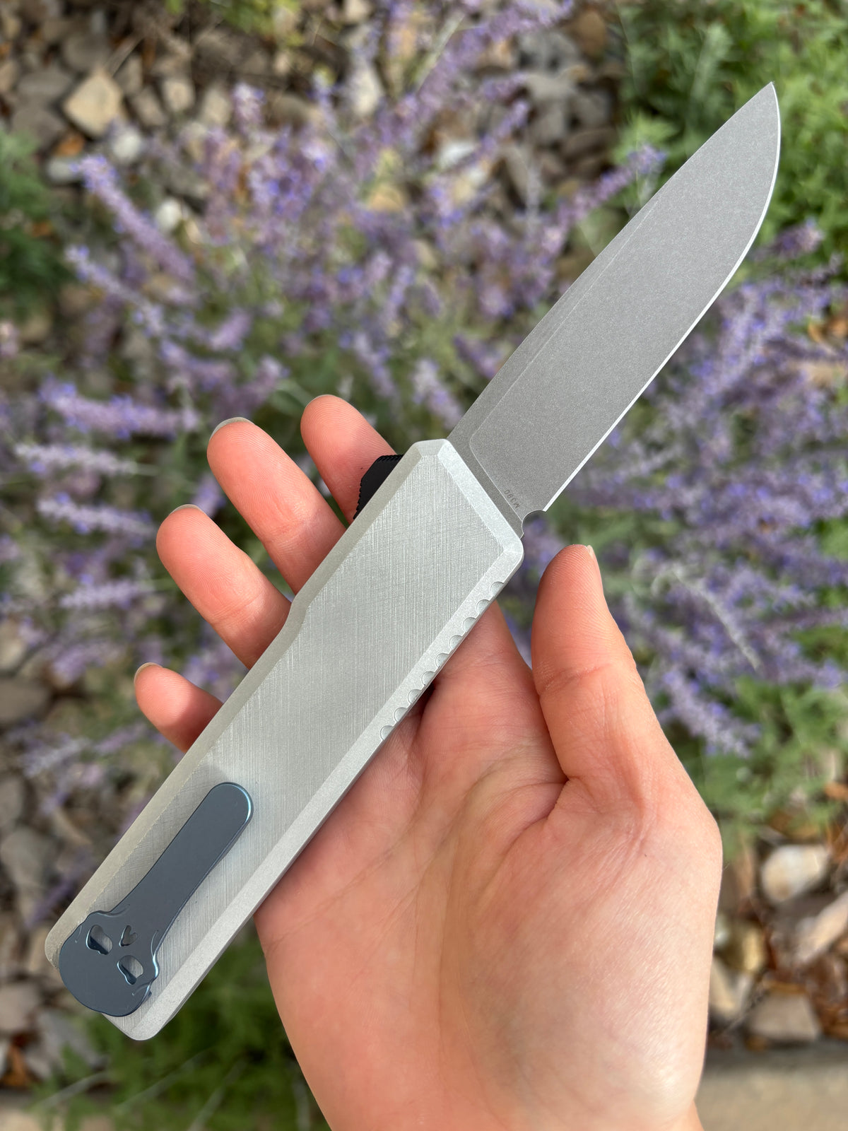 Chaves Knives Dissident Clear Coat Anodized Handle "GTA" Carbon Fiber Inlay DA OTF Blade Show West 2026 Exclusive (3.7" Stonewash Drop Point)