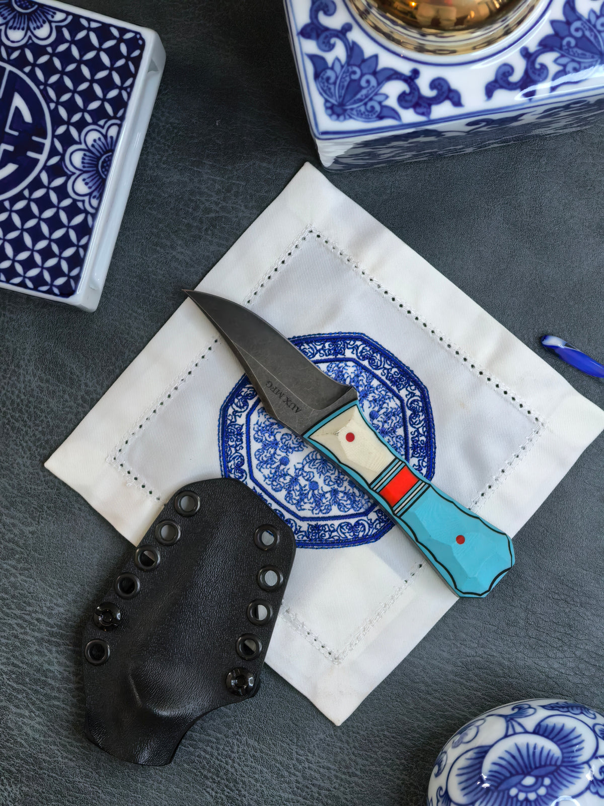 Auxiliary Manufacturing Sharky Collab Pocket Bowie Fixed Blade Knife Blade Show West 2026 (2.75" Black Stonewash)