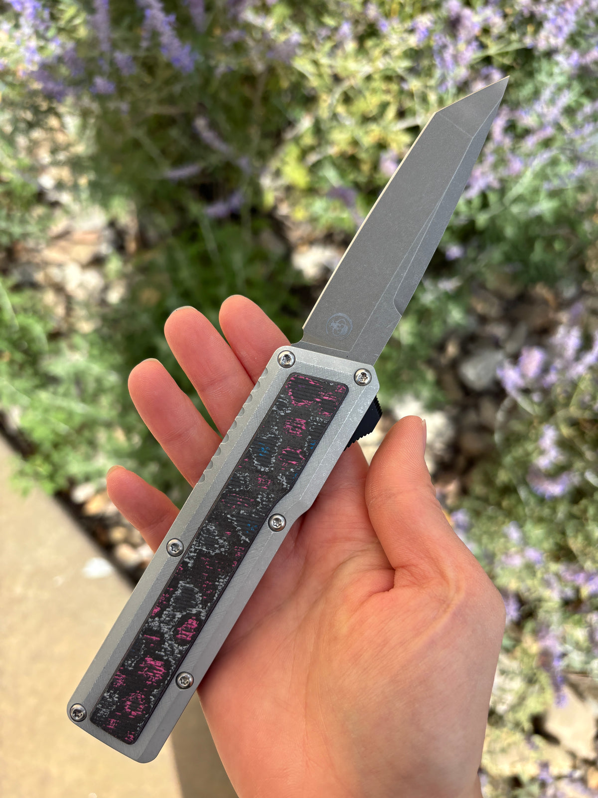 Chaves Knives Dissident Clear Coat Anodized Handle "GTA" Carbon Fiber Inlay DA OTF Blade Show West 2026 Exclusive (3.7" Stonewash Tanto)