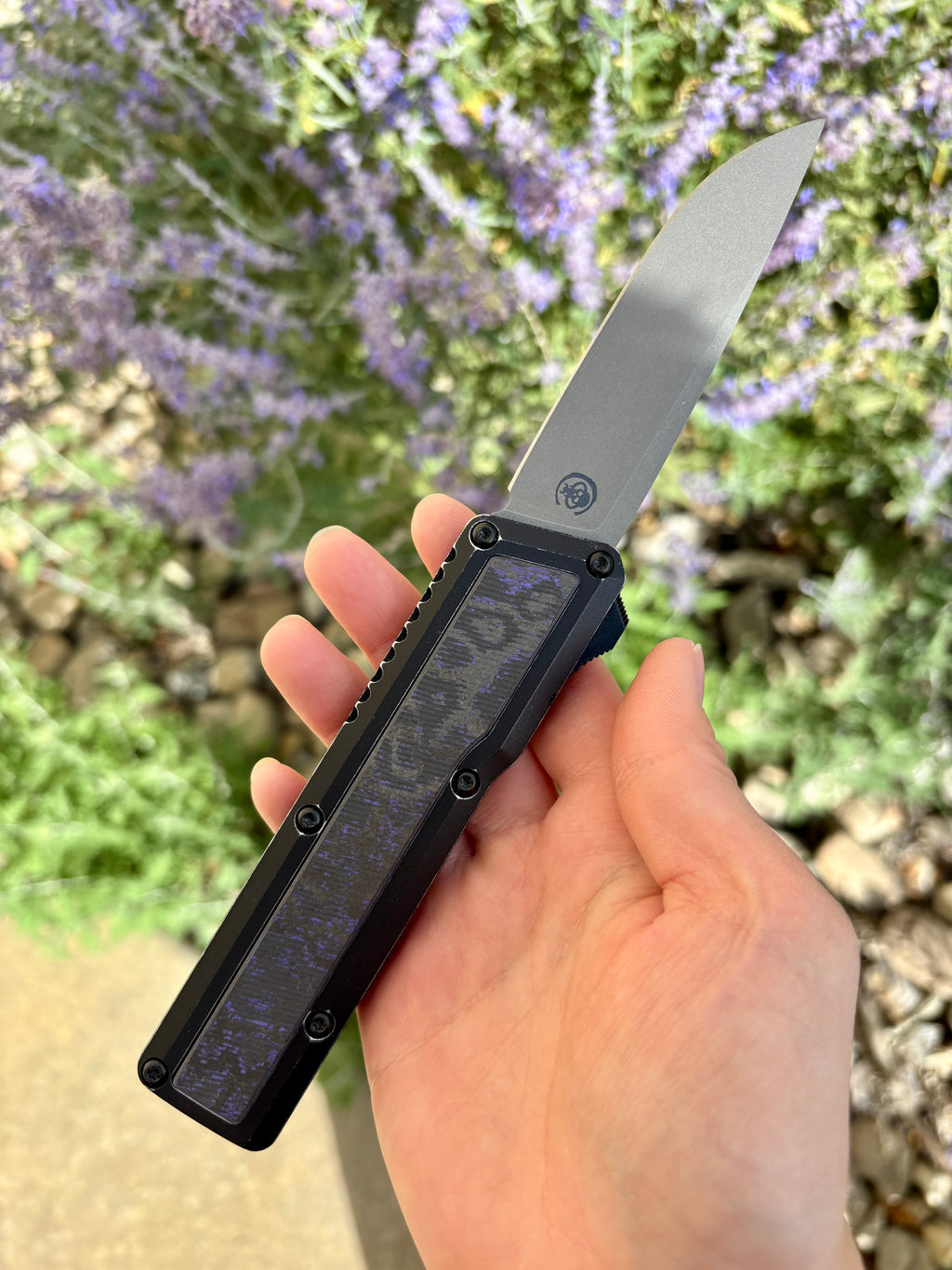 Chaves Knives Dissident Black Anodized Handle "Purple Haze" Carbon Fiber Inlay DA OTF Blade Show West 2026 Exclusive (3.7" Stonewash Drop Point)