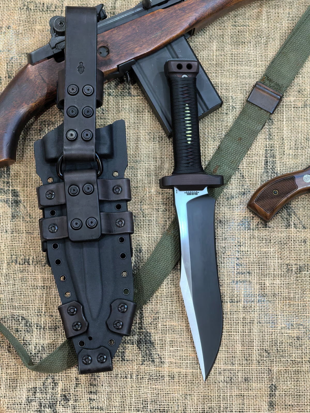 Miller Bros Blades M-22 Bowie Custom Recurve Large Fixed Blade Knife Red G10 Cord Wrapped (8.75" Z-Wear PM Blade Black/Satin)