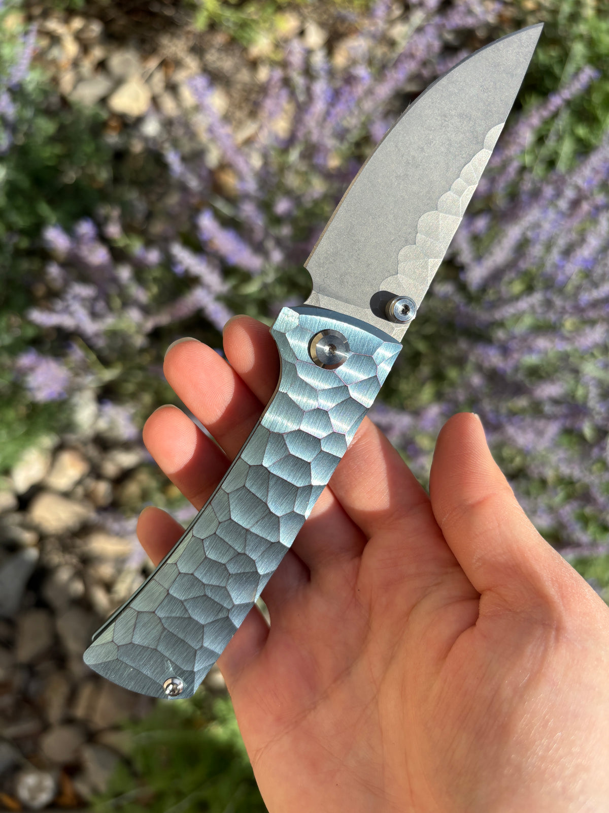 Chaves Knives RCK9 "Full Rock" Blue Anodized Ti Rocked Handle Manual Flipper Blade Show West 2026 Exclusive (3.25" Drop Point)
