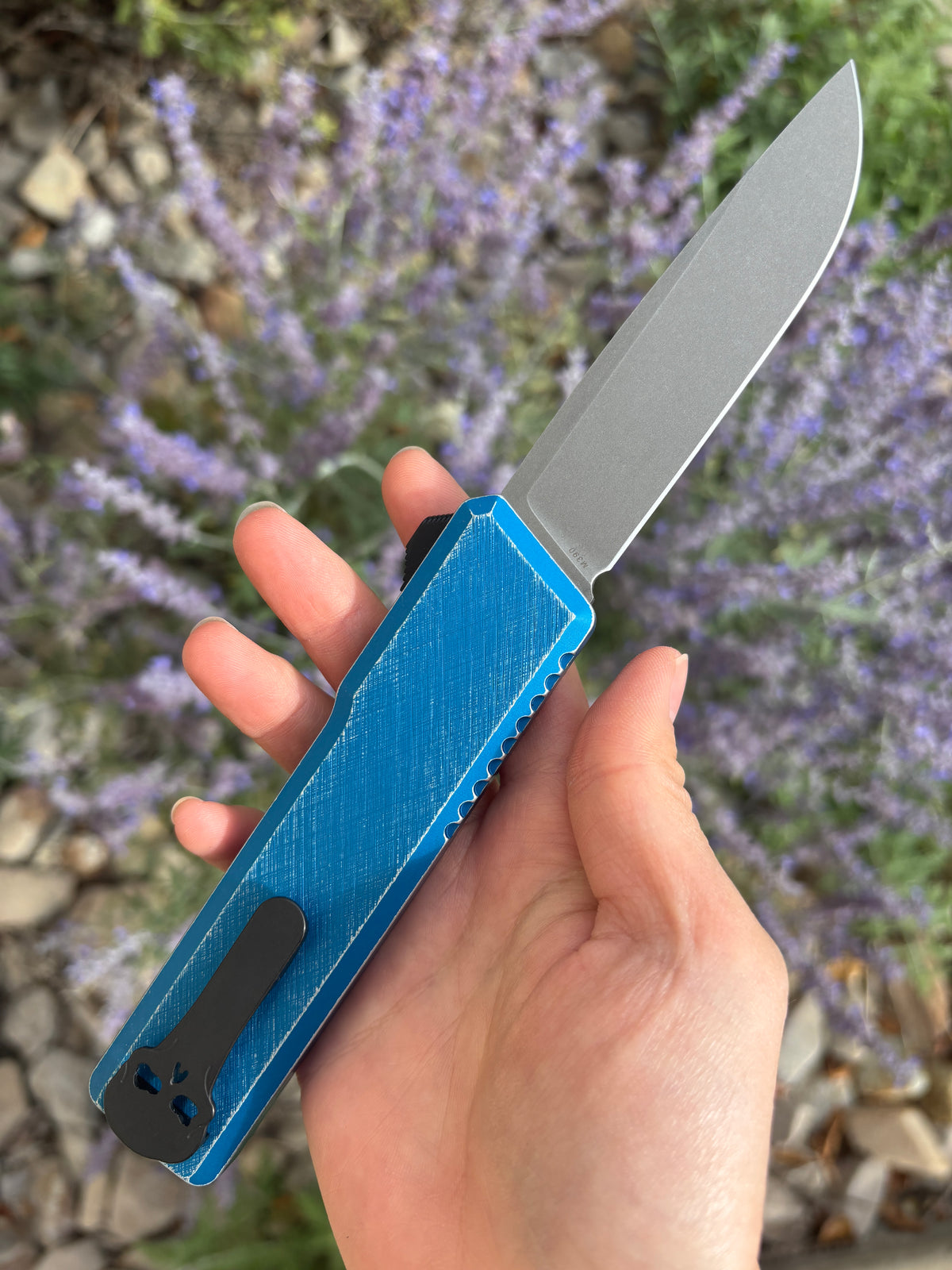 Chaves Knives Dissident Blue Anodized Handle "Nebula"Carbon Fiber Inlay DA OTF Blade Show West 2026 Exclusive (3.7" Stonewash Drop Point)