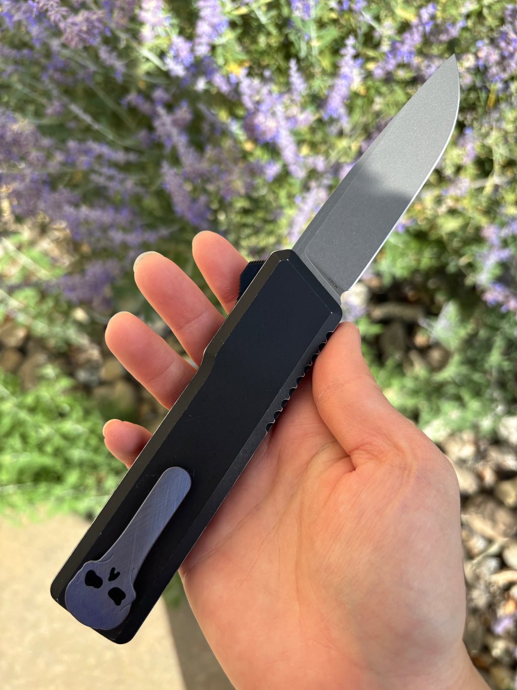 Chaves Knives Dissident Black Anodized Handle "Purple Haze" Carbon Fiber Inlay DA OTF Blade Show West 2026 Exclusive (3.7" Stonewash Drop Point)