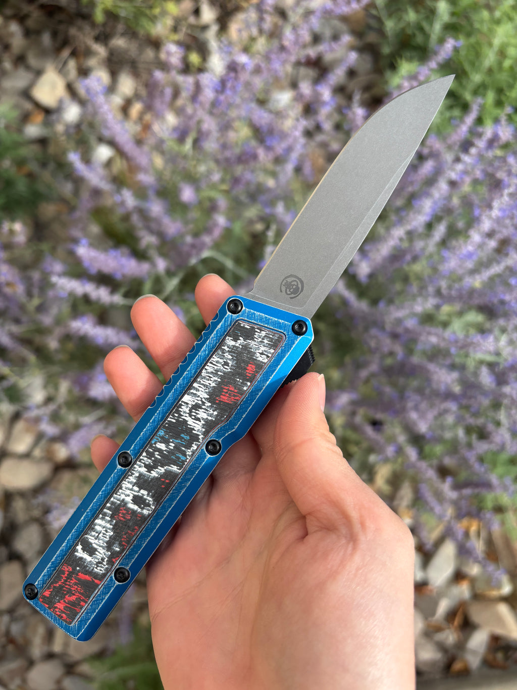 Chaves Knives Dissident Blue Anodized Handle "Nebula"Carbon Fiber Inlay DA OTF Blade Show West 2026 Exclusive (3.7" Stonewash Drop Point)
