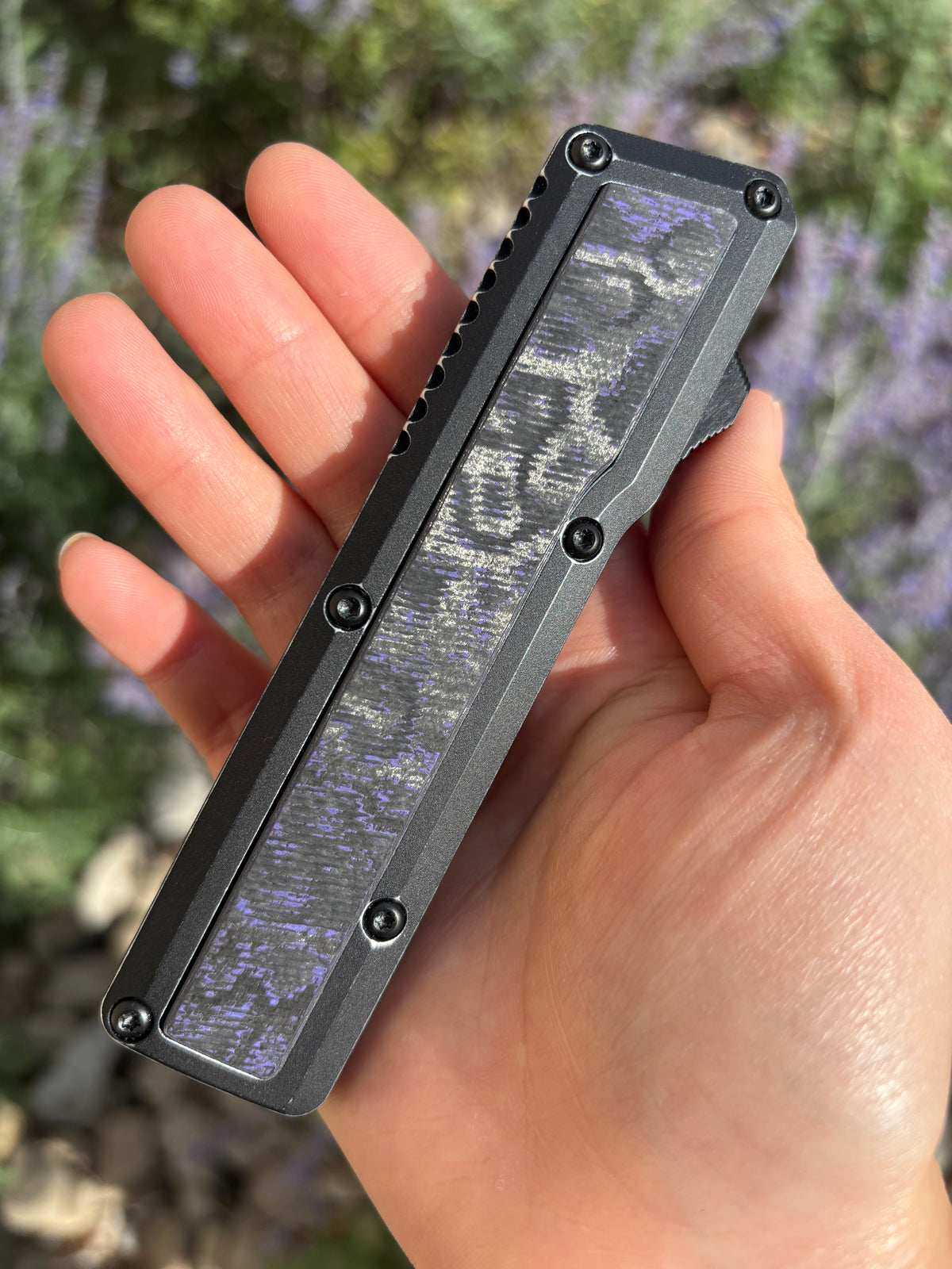 Chaves Knives Dissident Black Anodized Handle "Purple Haze" Carbon Fiber Inlay DA OTF Blade Show West 2026 Exclusive (3.7" Stonewash Drop Point)