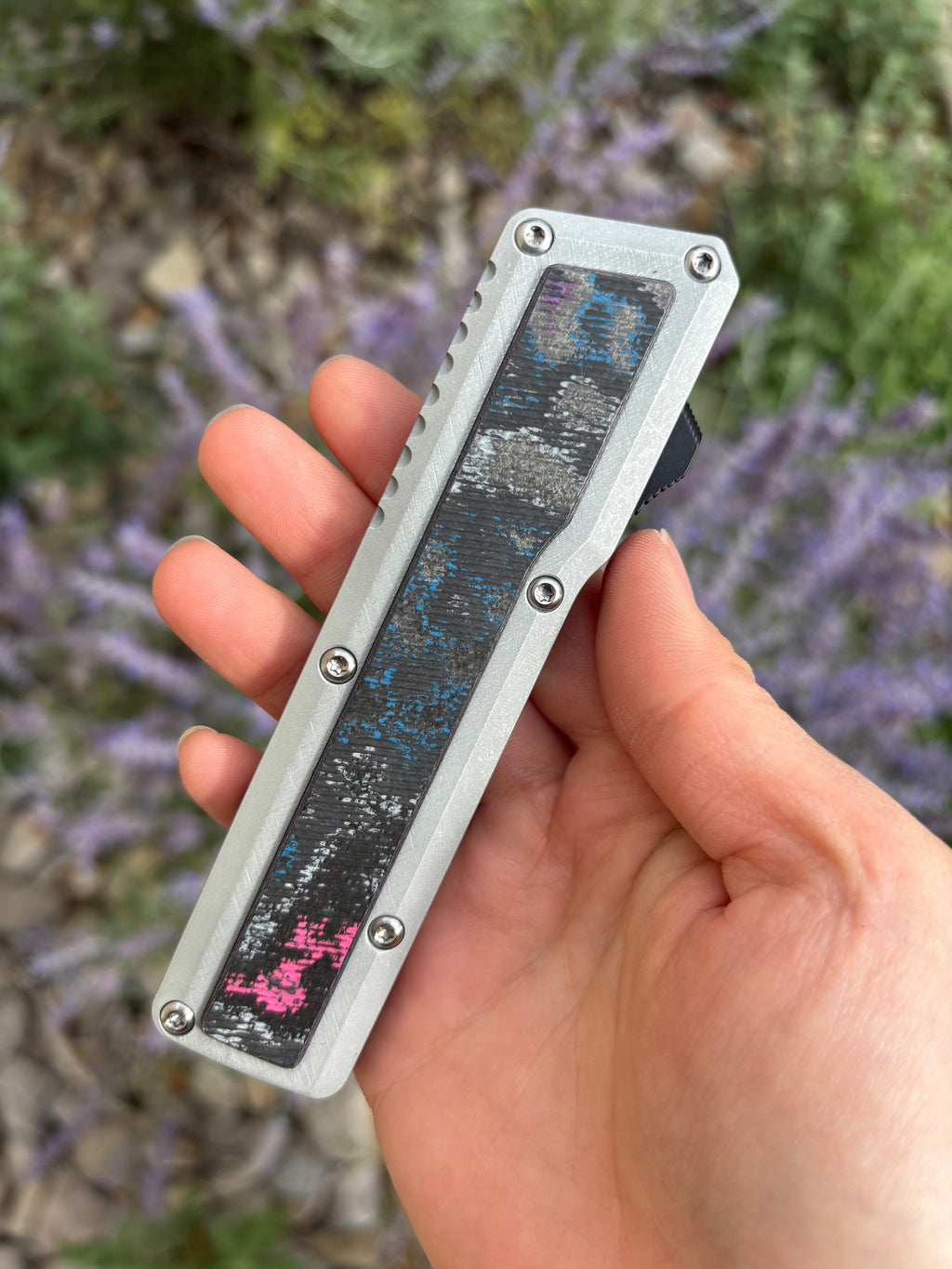 Chaves Knives Dissident Clear Coat Anodized Handle "GTA" Carbon Fiber Inlay DA OTF Blade Show West 2026 Exclusive (3.7" Stonewash Drop Point)