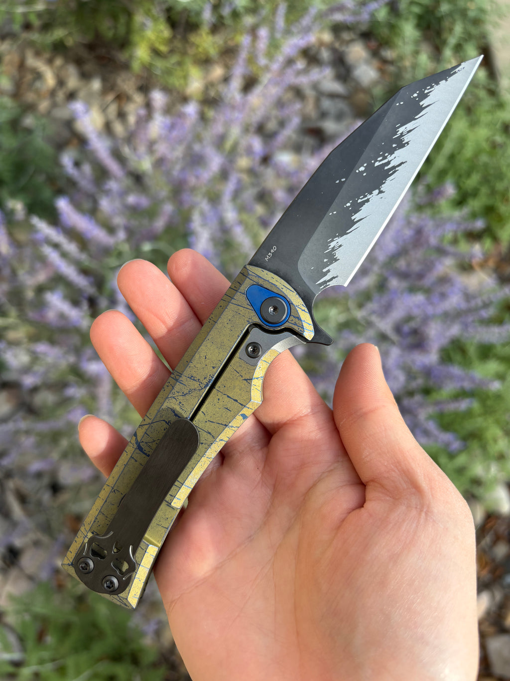 Chaves Knives Sangre Street Integral "Wartorn" Anodized Ti Handle Manual Flipper Blade Show West 2026 Show Exclusive (3.5" Wharncliffe)
