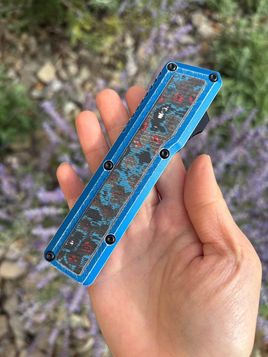 Chaves Knives Dissident Blue Anodized Handle "Nebula"Carbon Fiber Inlay DA OTF 1 Blade Show West 2026 Exclusive (3.7" Stonewash Tanto)