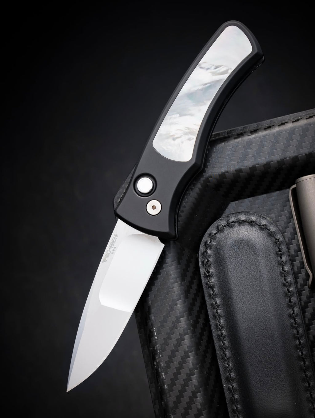 Pro-Tech Duke White Pearl Inlay Automatic Knife Blade Show West 2026 (2.65" Mike Irie Compound Grind Mirror Polish)
