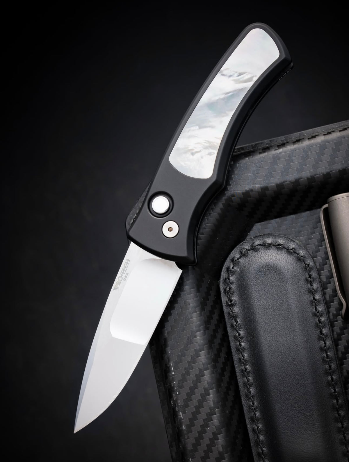 Pro-Tech Duke White Pearl Inlay Automatic Knife Blade Show West 2026 (2.65" Mike Irie Compound Grind Mirror Polish)