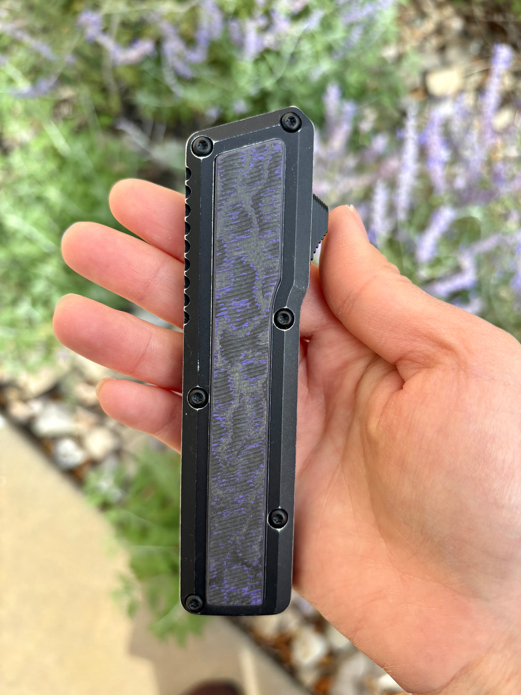 Chaves Knives Dissident Black Anodized Handle "Purple Haze" Carbon Fiber Inlay DA OTF Blade Show West 2026 Exclusive (3.7" Stonewash Tanto)