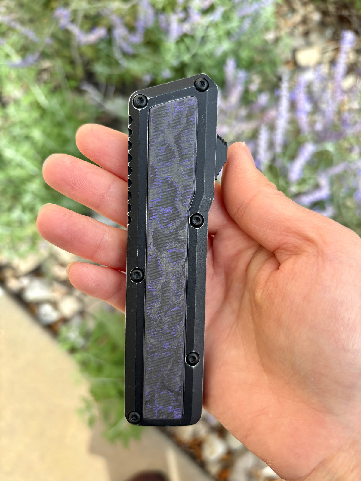 Chaves Knives Dissident Black Anodized Handle "Purple Haze" Carbon Fiber Inlay DA OTF Blade Show West 2026 Exclusive (3.7" Stonewash Tanto)
