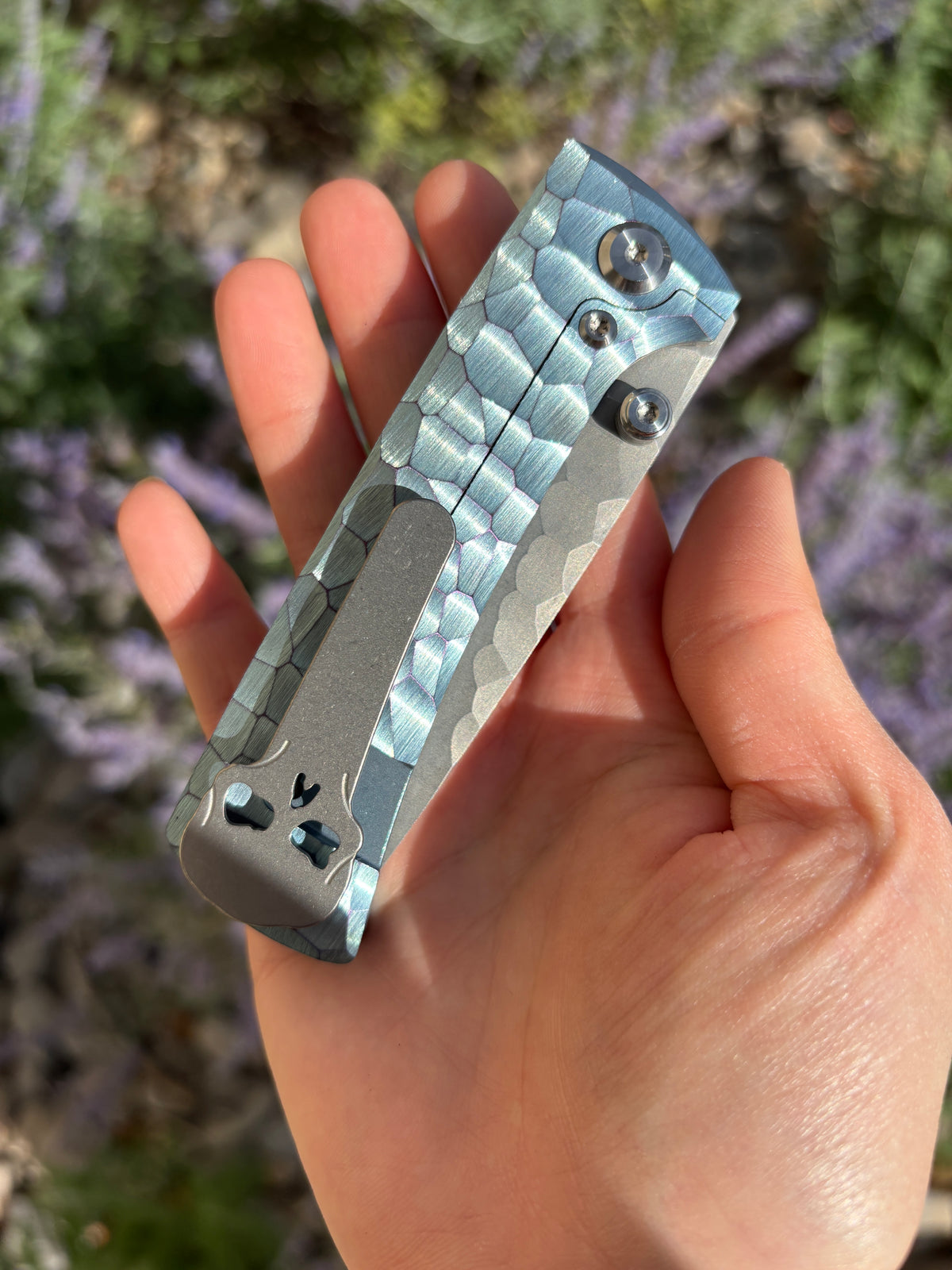 Chaves Knives RCK9 "Full Rock" Blue Anodized Ti Rocked Handle Manual Flipper Blade Show West 2026 Exclusive (3.25" Drop Point)