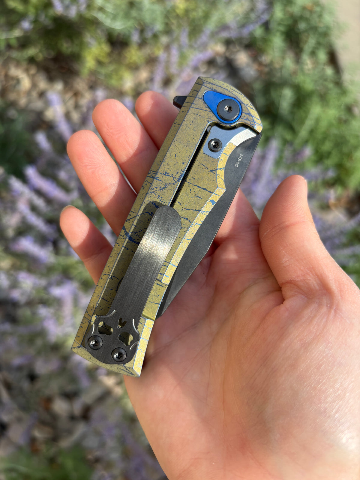 Chaves Knives Sangre Street Integral "Wartorn" Anodized Ti Handle Manual Flipper Blade Show West 2026 Show Exclusive (3.5" Wharncliffe)