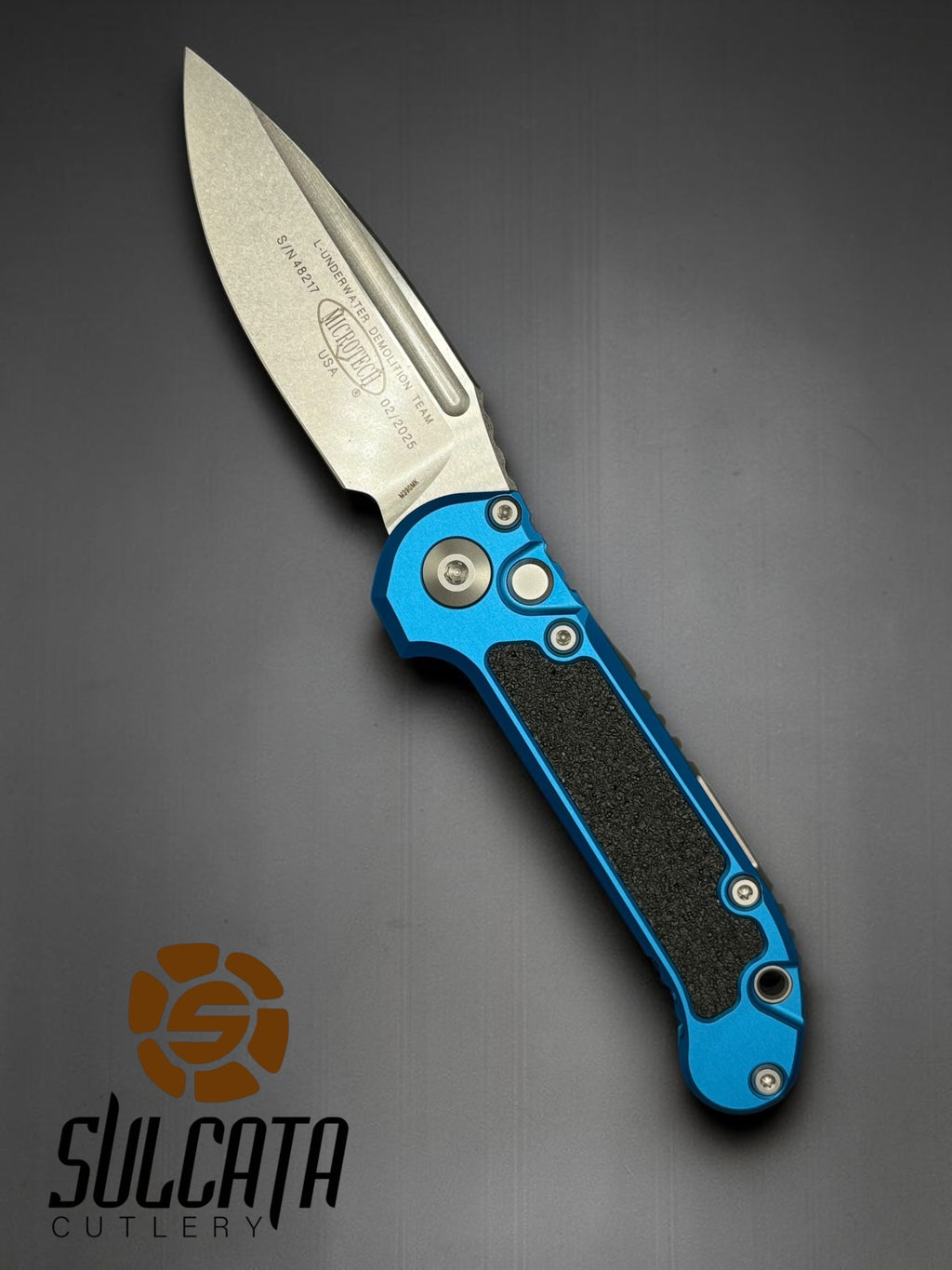 Microtech L.U.D.T. S/E Gen III Blue Automatic Push Button Folder Knife (3.5" SW)