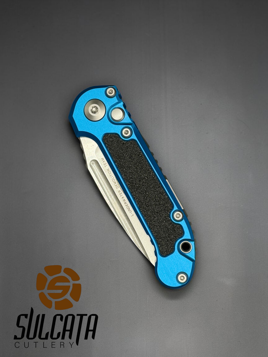 Microtech L.U.D.T. S/E Gen III Blue Automatic Push Button Folder Knife (3.5" SW)