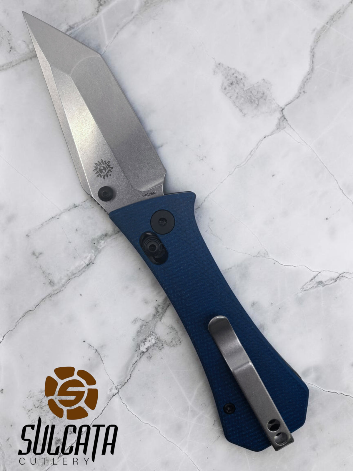 Auxiliary Manufacturing Coffin Tanto Manual Thumb Stud Folder Crossbar Lock Blue Micarta (2.7" SW)