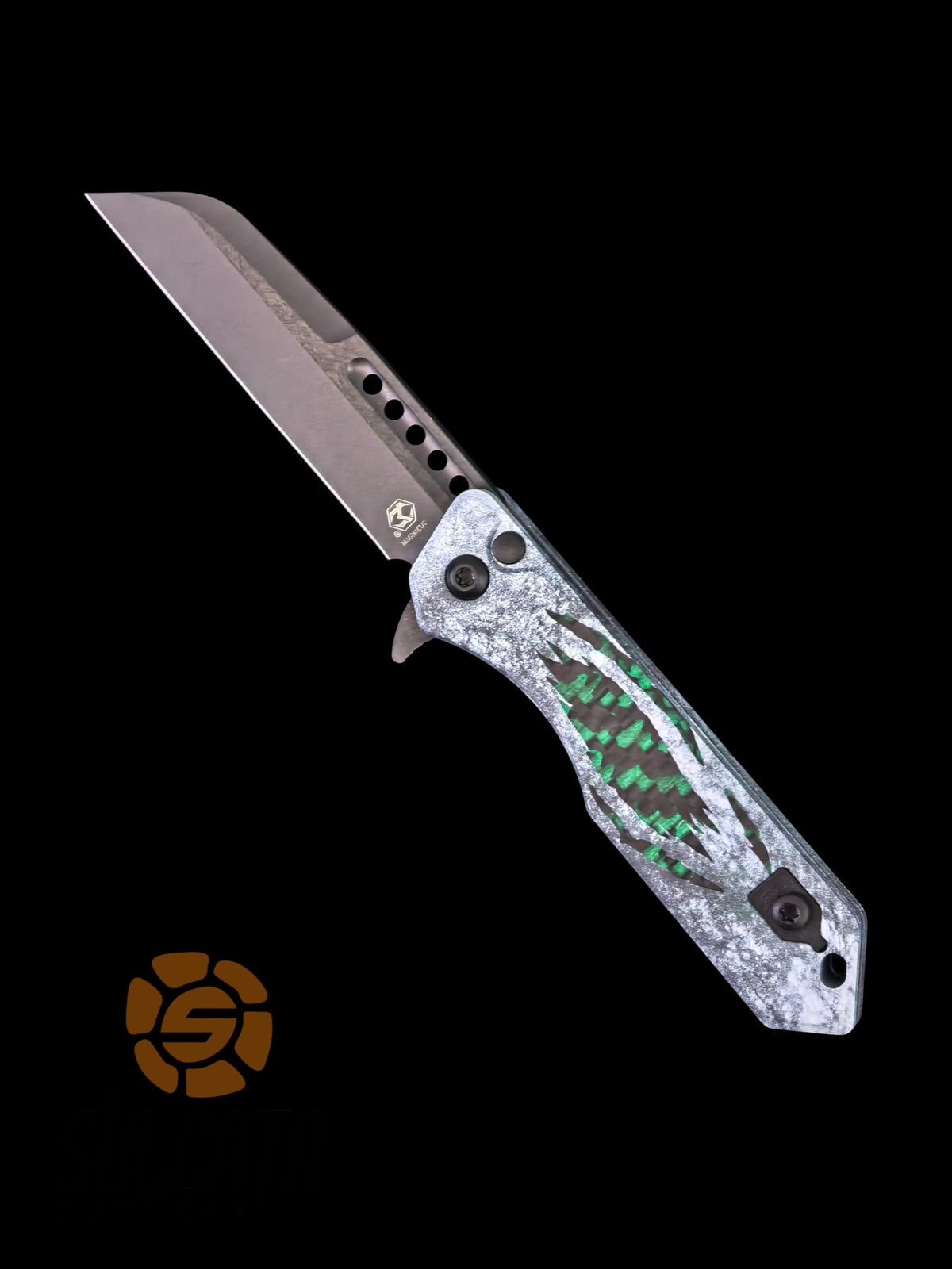 Heretic Knives Jinn Marble Cel Shade Glow Carbon Fiber Manual Blade Show Atlanta 2026 (3"DLC Black)