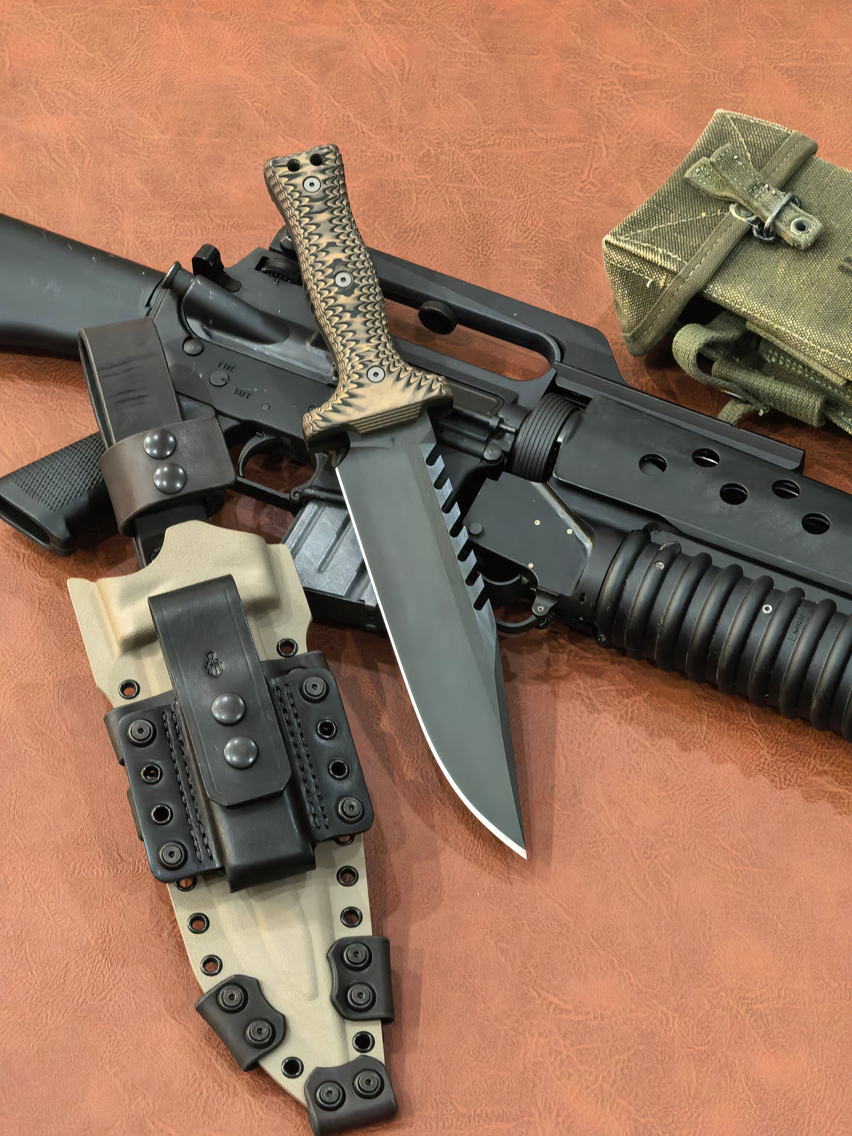 Miller Bros Blades M-22 Bowie Custom Large Fixed Blade Knife FDE/Black G10 (8.75" Z-Wear PM Blade Black)