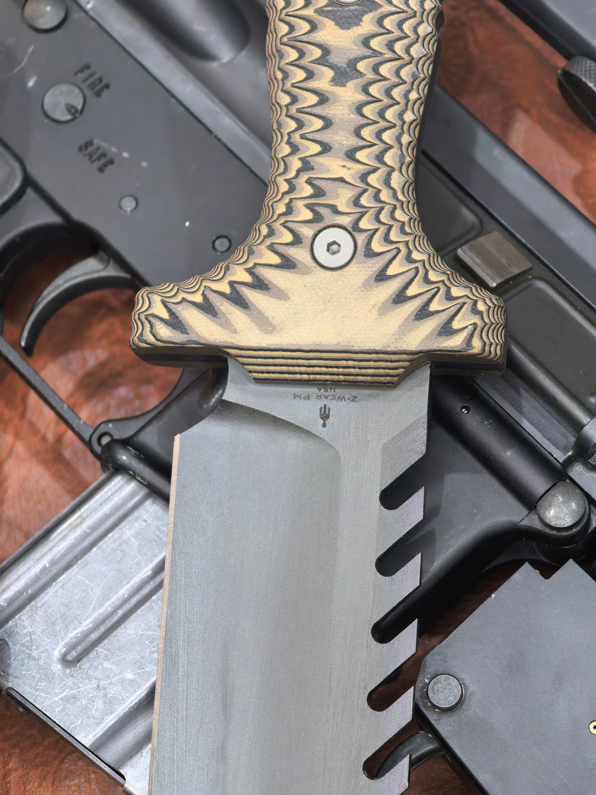 Miller Bros Blades M-22 Bowie Custom Large Fixed Blade Knife FDE/Black G10 (8.75" Z-Wear PM Blade Black)