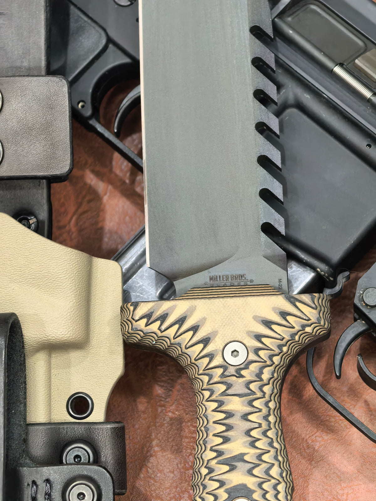 Miller Bros Blades M-22 Bowie Custom Large Fixed Blade Knife FDE/Black G10 (8.75" Z-Wear PM Blade Black)