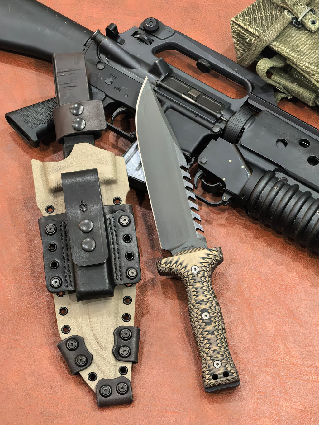 Miller Bros Blades M-22 Bowie Custom Large Fixed Blade Knife FDE/Black G10 (8.75" Z-Wear PM Blade Black)