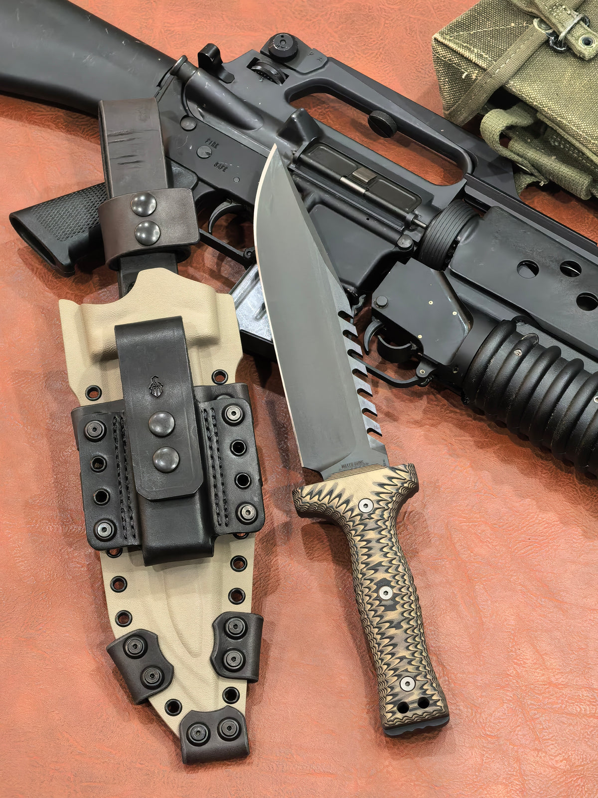 Miller Bros Blades M-22 Bowie Custom Large Fixed Blade Knife FDE/Black G10 (8.75" Z-Wear PM Blade Black)