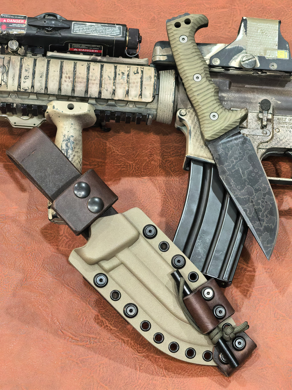 Miller Bros Blades M-8 Compact Tan G-10 Fixed Blade (5" Custom Black Oxide Pattern)