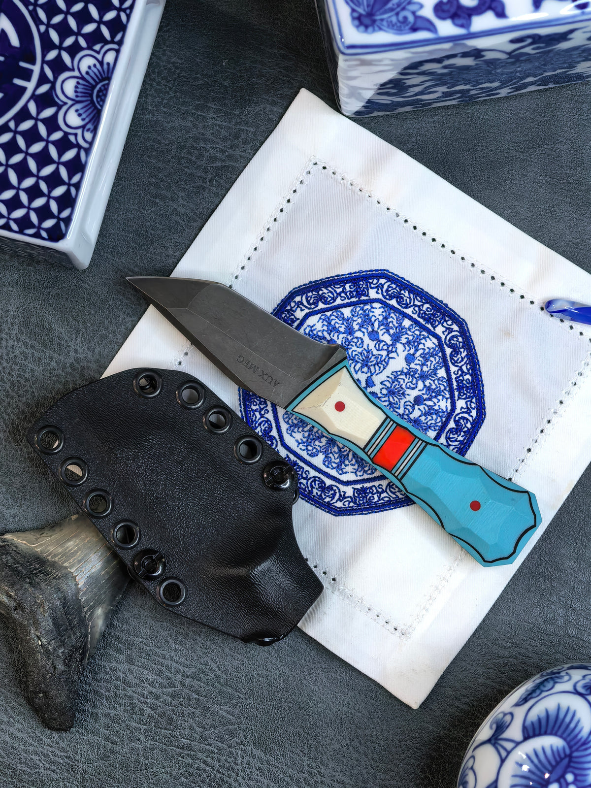 Auxiliary Manufacturing Sharky Collab Coffin Tanto Fixed Blade Knife Blade Show West 2026 (3" Black Stonewash)