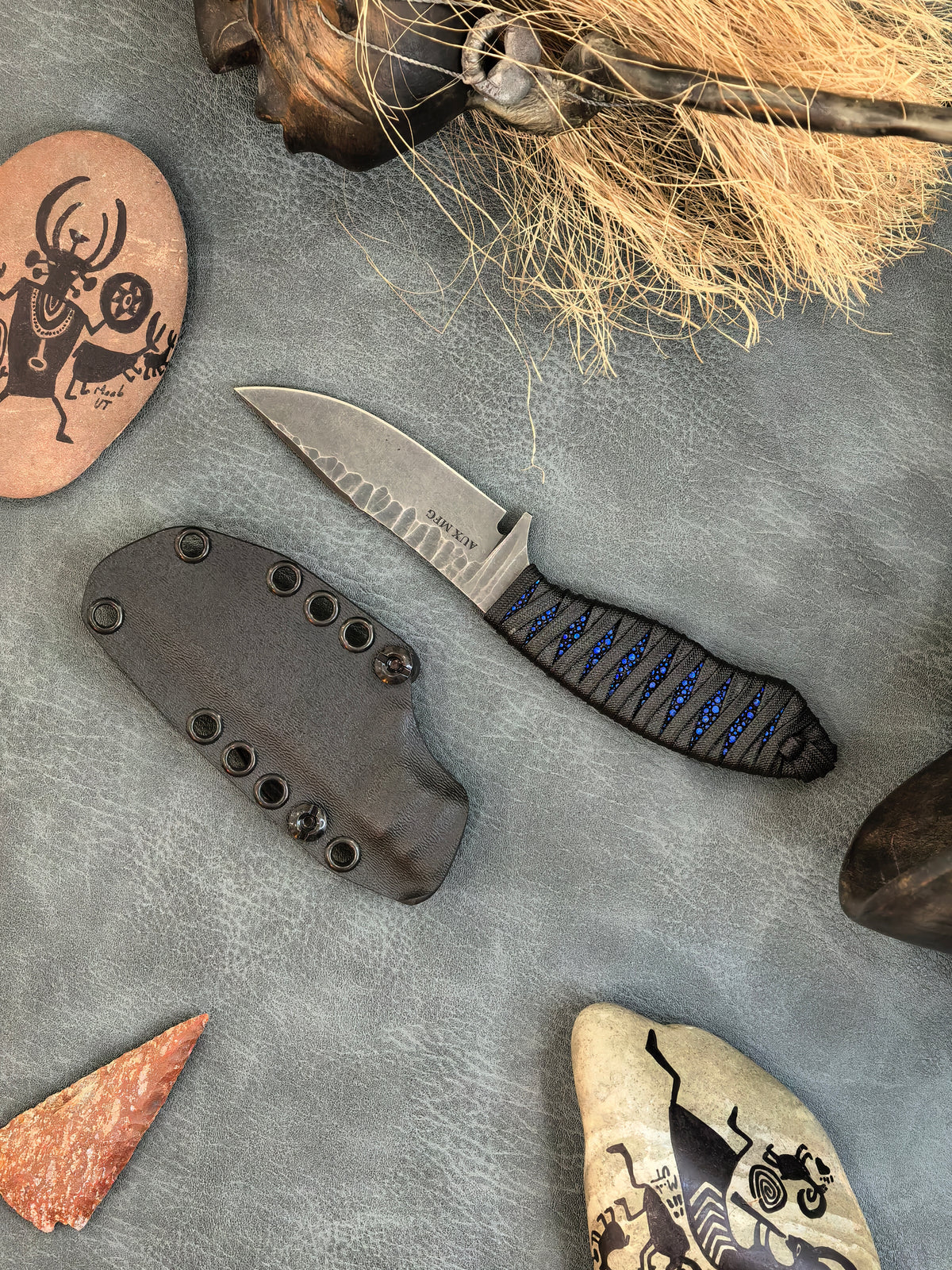 Auxiliary Manufacturing Hensley Handmade Knives Collab Wendigo Blue Stingray Fixed Blade Knife Blade Show West 2026 Exclusive (5" Black Stonewash)