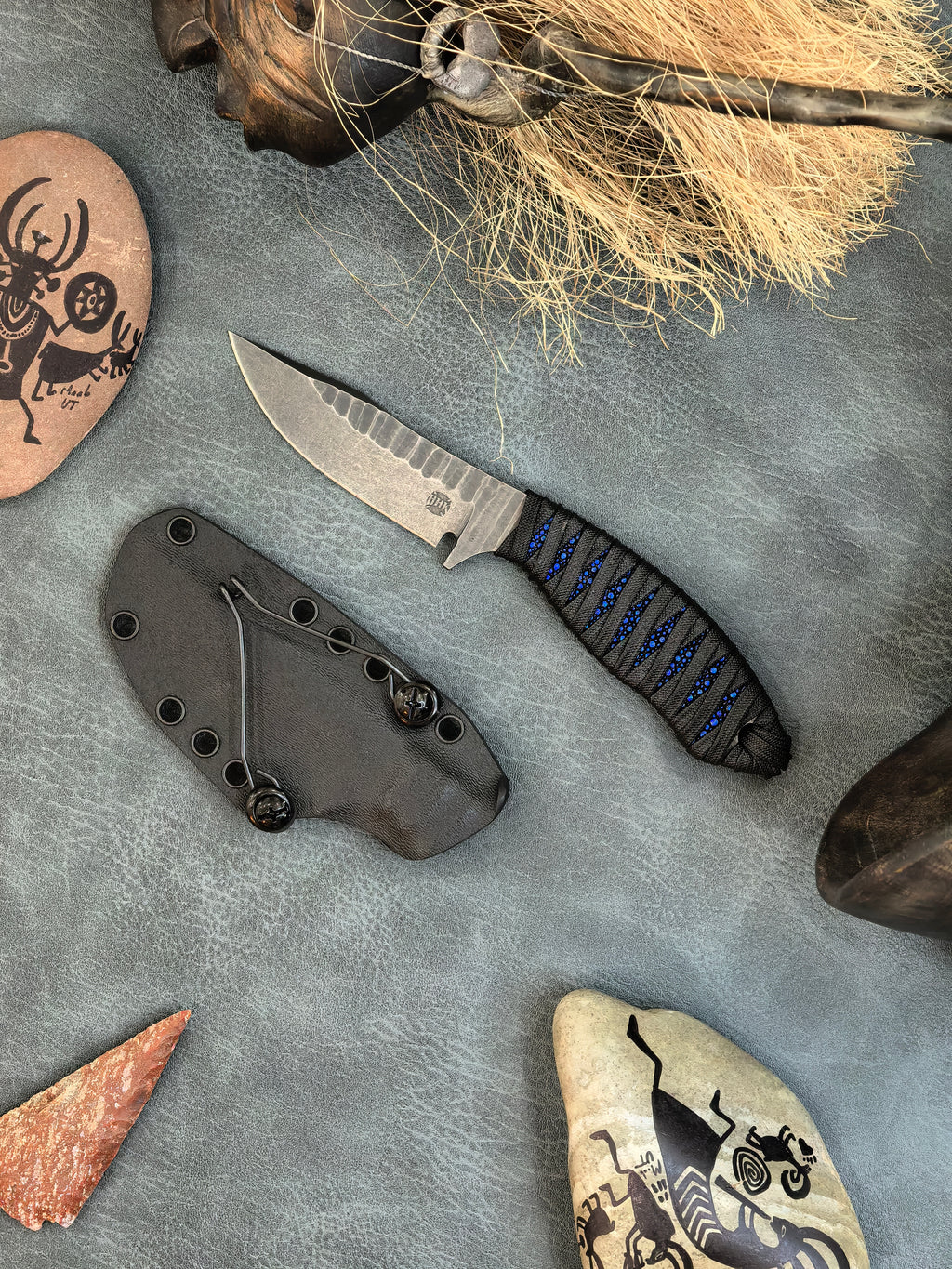 Auxiliary Manufacturing Hensley Handmade Knives Collab Wendigo Blue Stingray Fixed Blade Knife Blade Show West 2026 Exclusive (5" Black Stonewash)