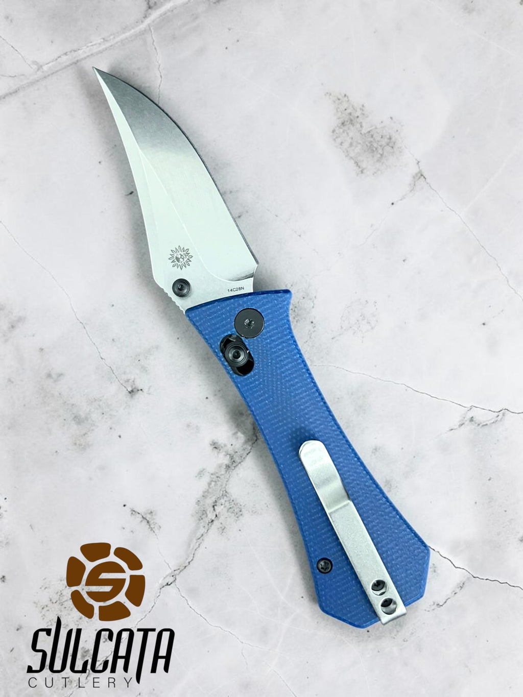 Auxiliary Manufacturing Pocket Bowie Manual Thumb Stud Folder Crossbar Lock Blue Micarta (2.7" SW)