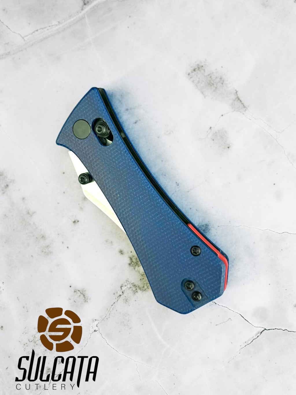 Auxiliary Manufacturing Pocket Bowie Manual Thumb Stud Folder Crossbar Lock Blue Micarta (2.7" SW)