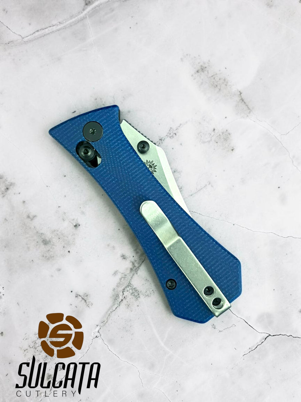 Auxiliary Manufacturing Pocket Bowie Manual Thumb Stud Folder Crossbar Lock Blue Micarta (2.7" SW)