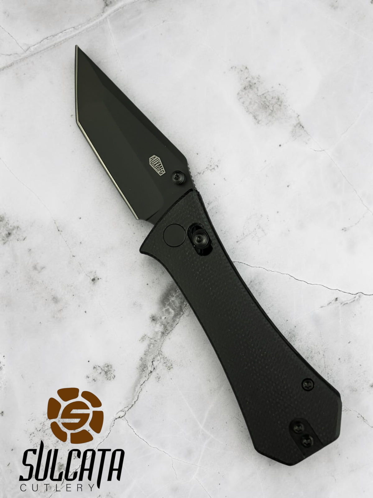 Auxiliary Manufacturing Coffin Tanto Crossbar Lock Manual Flipper Black Micarta (2.7" DLC Black)